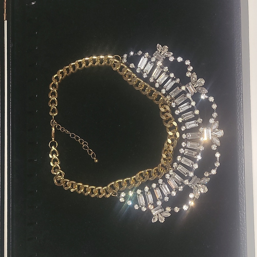 Anthropologie gold and crystal necklace, gold chain detail